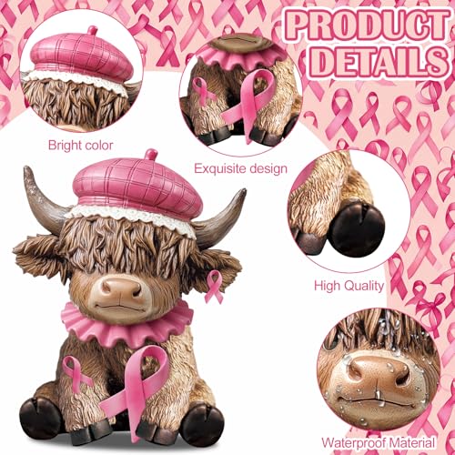 Karenhi 2 Pcs Breast Cancer Awareness Highland Cow Figurines, Pink Ribbon - style: Breast Cancer