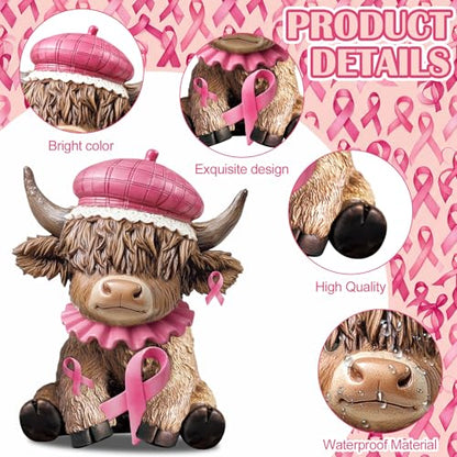 Karenhi 2 Pcs Breast Cancer Awareness Highland Cow Figurines, Pink Ribbon - style: Breast Cancer