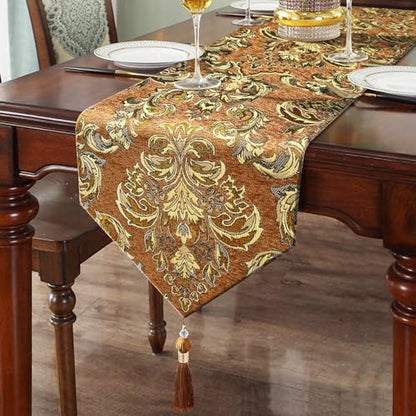 Deluxe Embroidered Table Runner 84" Caramel Retro Chenille Jacquard Cloths - color: Caramel, size: 13x84“