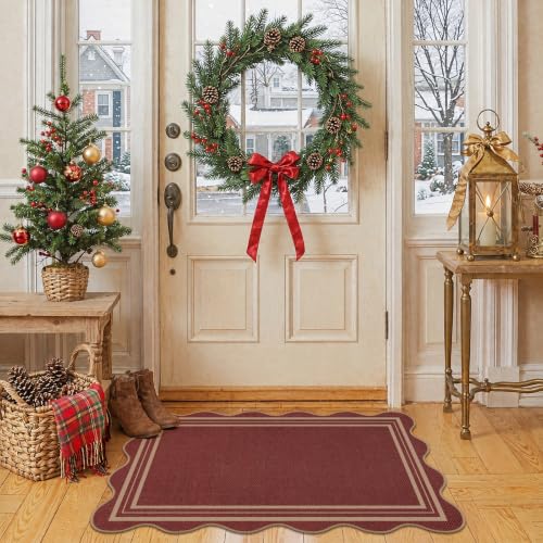 Easy Jute Christmas Outdoor Mats for Front Door, 2x3 Small Washable Kitchen Rugs, Farmhouse Red Throw Rug Non Slip Indoor Outdoor Carpet for Porch Entryway Foyer - color: Red Geometric, size: 2'x3' (Rectangular)