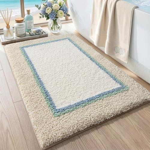 DEXI Bathroom Rugs 32x20, Soft Absorbent Bath Mat, Beige and White - color: Beige and White, size: 32" X 20" (Rectangular)