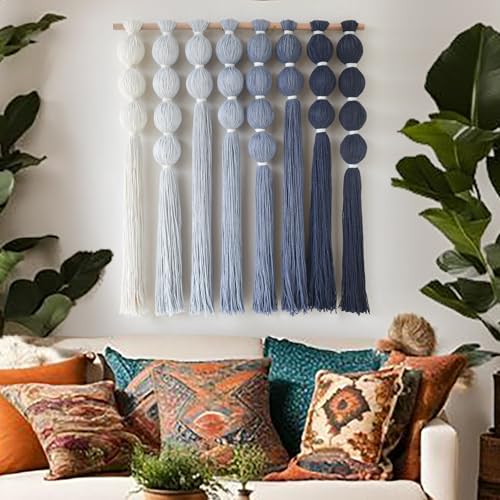 Macrame Wall Hanging Dip Dyed Blue Yarn Wall Art Tassel Decor 27" W*31" L - color: Blue