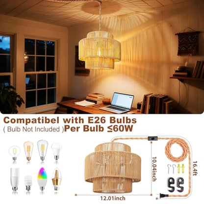 Maliralt Hanging Lamps Rattan Pendant Light - 16.4ft Plug in Cord Hanging Light Fixture Plug Into Wall Outlet Pendant Lighting with On Off Switch for Bedroom Living (Lantern Shade) - size: 12 Inch - Lantern Shade