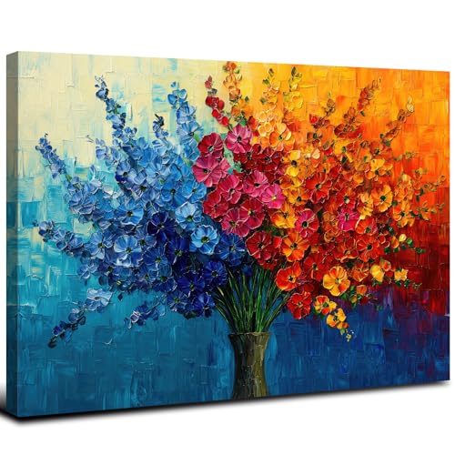 Colorful Flower Wall Art Teal Red Orange Wildflower Painting Abstract Texture Botanical Picture Canvas Prints for Living Room Floral Poster Modern Framed Artwork Bathroom Bedoom Home Decoration 12x16 - color: Abstract Bouquet, size: 16"L x 12"W