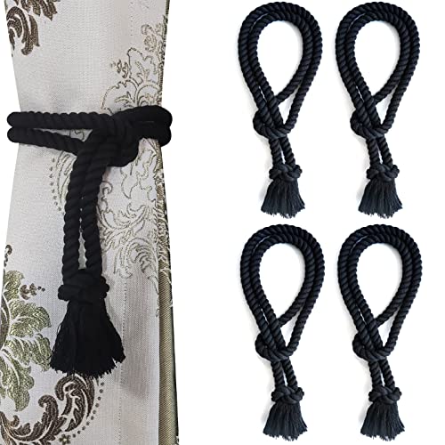 4 Pack Curtain tiebacks Rope, Outdoor Curtain Tiebacks, Natural Cotton Curtain Ties, Village Rural Rustic Farmhouse Curtain Holdbacks Curtain tie Backs Holders for Heavy Duty Drapes, Black - color: Black Rope-l 4 Pack
