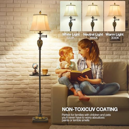 Traditional Floor Lamp with Tray, Remote Dimmable, 350°Swing Arm,Black Gold - color: Black Gold-12