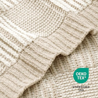 Amélie Home Checkered Chenille Knit Throw Blanket for Bed, Beige 60"x80" - color: Checkered Beige, size: 60" X 80"