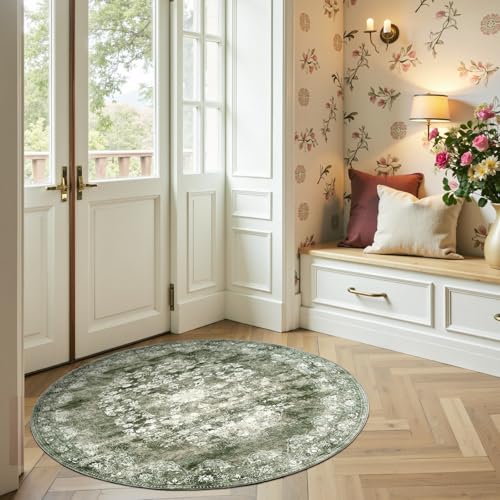 jinchan 4ft Vintage Floral Round Rug, Circle Washable Rug, Forest Green - color: Forest Green, size: 4' (Round)