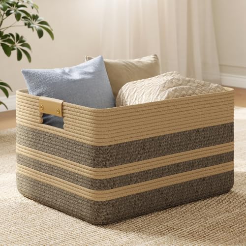 Nunsino 75L Blanket Basket with Leather Handles,Laundry Basket,Dark Brown - color: Dark Brown, size: 75L