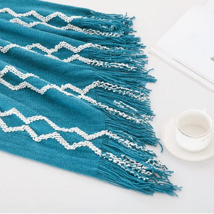 BOURINA Knitted Throw Blanket Boho Chenille Outdoor Blanket,Teal 60x80Inch - color: A-teal, size: 60"×80"