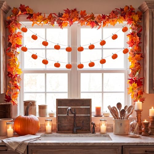 Yinder 2 Pack 6.56 ft Fall Mantle Decor Garland Pumpkins Velvet with 5.8 ft Artificial Maple Leaf Hanging Vine for Fireplace Mantle Wall Autumn Harvest Farmhouse Thanksgiving Home Wedding Decor