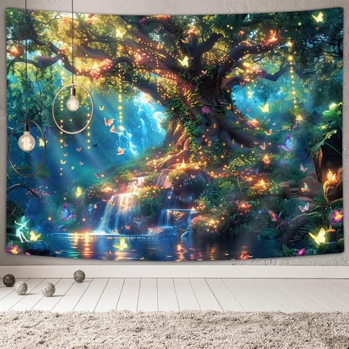 Xguatan Fantasy Forest Tree Butterfly Wall Hanging, Fairy Magical Enchanted Jungle Waterfall Mushroom Tapestry for Bedroom Living Room 60x40 Blue - color: Blue, size: 60"L x 40"W
