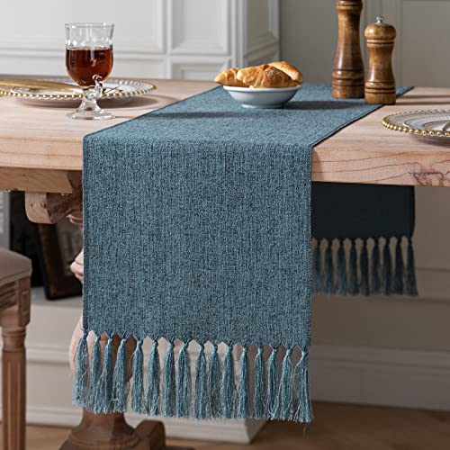 ZeeMart Blue Table Runners 36 Inches Long, Burlap Linen Style Rustic Farmhouse Table Runner, Small Short Boho Coffee Table Runner, 13x36 Inches, Blue - color: Classic Burlap/Blue, size: 36" x 13" (Rectangular)
