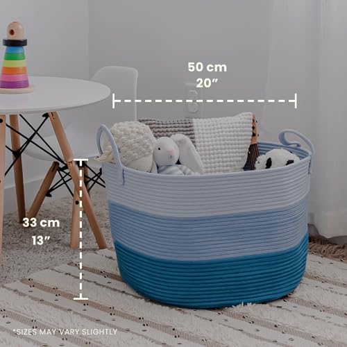 OrganiHaus Round Toy Basket & Blanket Basket, Cotton Rope 20x13" - color: 3-toned Blue, size: Wide