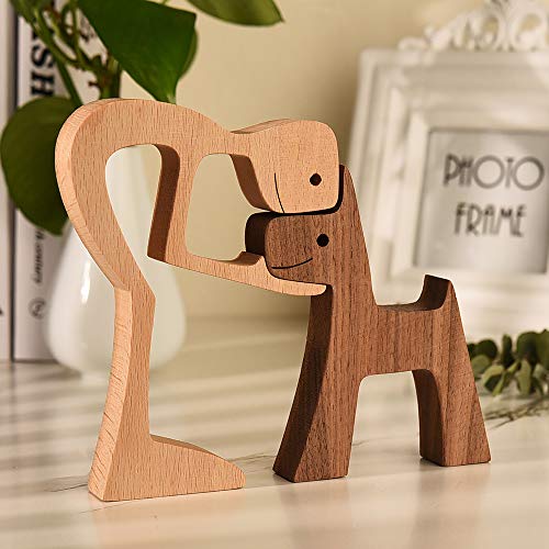 Unique Gift Hand Carved Wood Human & Dog Statue Figurine Sculpture Home Office Decor, Wooden Man & Dog Carving Model to Remember Friendship Between People & Pets (C) - color: C