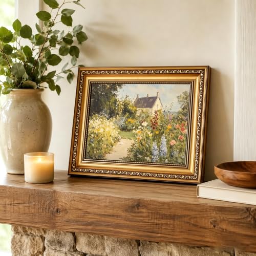 Vintage Gold Framed Farmhouse Landscape Wall Art, Natural Wildflower Countryside Wall Decor Pictures, Rustic Country Print Artwork Paintings for Bedroom Living Room and Bathroom - color: Cottage Garden, size: 12*16