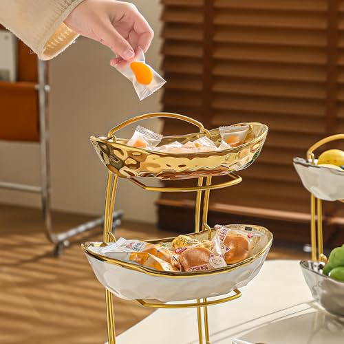 XUDREZ 2 Tier Fruit Bowl with Metal Stand, Ceramic, Gold - color: Gold, 2 Tier