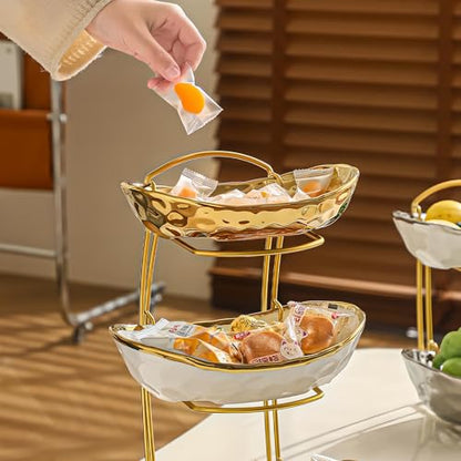 XUDREZ 2 Tier Fruit Bowl with Metal Stand, Ceramic, Gold - color: Gold, 2 Tier