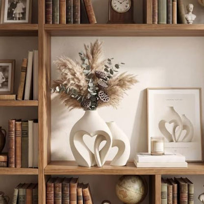 White Ceramic Flower Vase Home Table Decor Heart Shaped Vase Set of 2 - color: Pearl White
