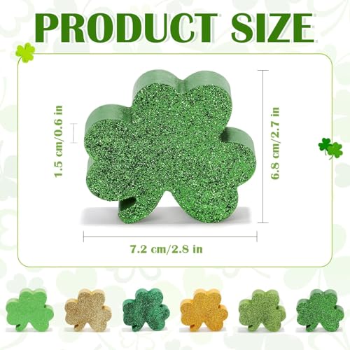 St Patricks Day Shamrocks Decorations, 6 Pack Wooden Glitter Shamrocks