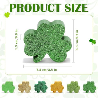 St Patricks Day Shamrocks Decorations, 6 Pack Wooden Glitter Shamrocks