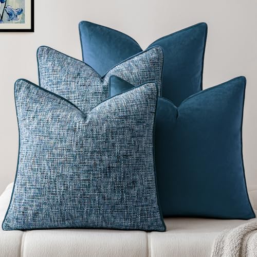a moment Blue 4 Pack Throw Pillow Covers - Chenille & Velvet Set with Piping, Farmhouse Textured Design Pillow Cases for Couch Sofa Bed Livingroom (22x22 Inch, No Insert) - color: Blue, size: 22" x 22" (Pack of 4)