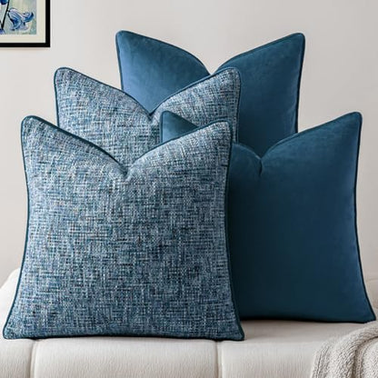 a moment Blue 4 Pack Throw Pillow Covers - Chenille & Velvet Set with Piping, Farmhouse Textured Design Cushion Cases for Couch Sofa Bed (20x20 Inch, No Insert) - color: Blue, size: 20" x 20" (Pack of 4)