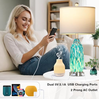 Rinweey 26" Peacock Green Glass Table Lamp for Bedroom Living Room,Coastal Nautical Bedside Lamps with USB Ports & AC Outlet,Touch Lamps with Night Light,Single Peacock Green - color: Peacock Green-1P