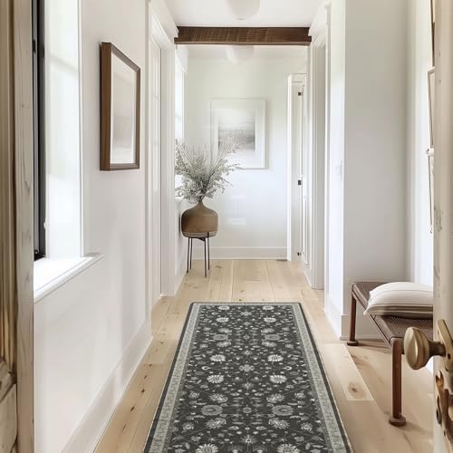 EverGrace Hallyway Area Runner Rugs 2x6, Boho Floral Faux Wool Indoor Outdoor Rugs, Washable Rugs for Bedroom Bathroom Living Room Kitchen, Low Pile Floor Mat Carpet for Home Decor, Ebony Black - color: Ebony Black Multi, size: 2'x6'