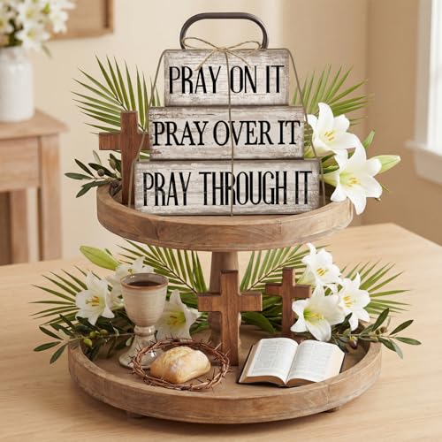 Yuntau 4 Pcs Christian Wooden Block Sign Pray Verse Tiered Tray Decor - style: Pray