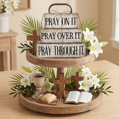 Yuntau 4 Pcs Christian Wooden Block Sign Pray Verse Tiered Tray Decor - style: Pray