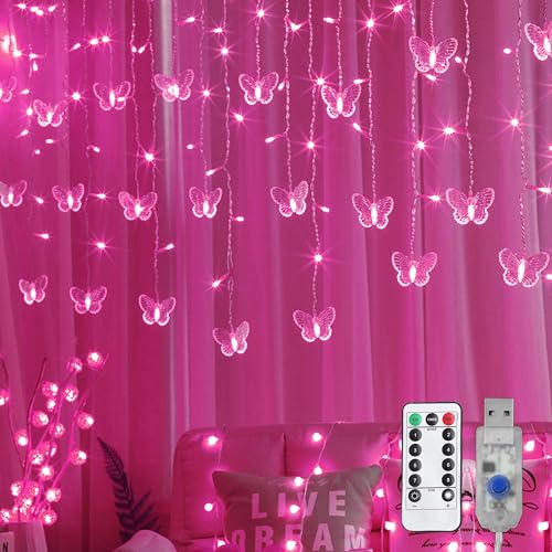 Butterfly Curtain Lights, 13ft 96 LED USB Window Fairy Lights 16 Butterflies 8 Modes Firefly Twinkle Timer String Lights with Remote for Room Bedroom Wall Ceiling Party Wedding Christmas - color: Pink, size: 13ft