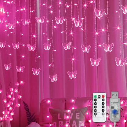 Butterfly Curtain Lights, 13ft 96 LED USB Window Fairy Lights 16 Butterflies 8 Modes Firefly Twinkle Timer String Lights with Remote for Room Bedroom Wall Ceiling Party Wedding Christmas - color: Pink, size: 13ft