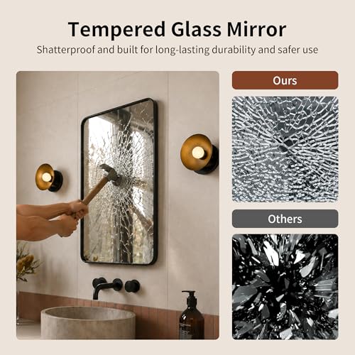 DeerValley Bathroom Mirror with Black Frame, Rounded Rectangle - color: Black, size: 36"L x 24"W