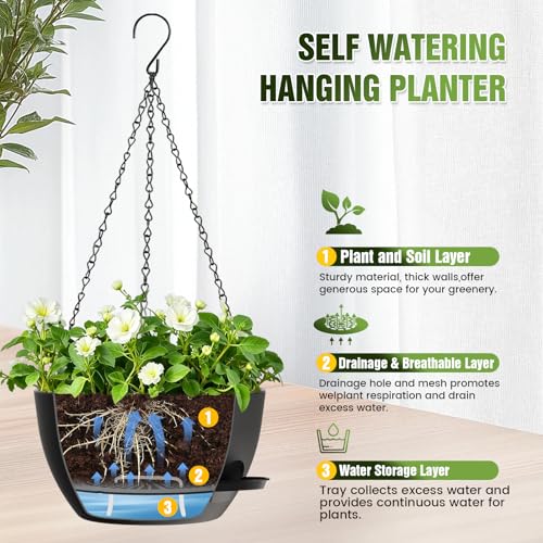 10 Inch Self-Watering Hanging Planters Set of 3 with Saucers - color: Black, size: 10 Inch 3 Pack