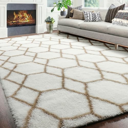 Area Rugs for Living Room, 5x8 Fluffy White and Beige Bedroom Geometric Rug - color: Z- White / Beige, size: 5' x 8' (Rectangular)