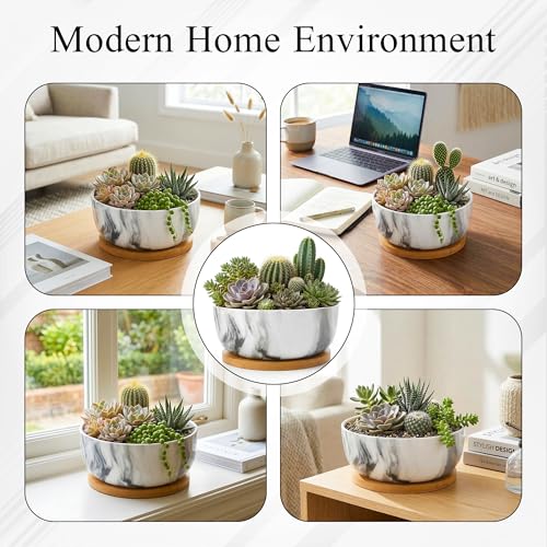 Pastel Marble Inspired 8 Inch Ceramic Succulent Planter with Drainage Hole & Bamboo Tray – Large Wide Round Pot Decorative for Indoor Plants, & Cactus
