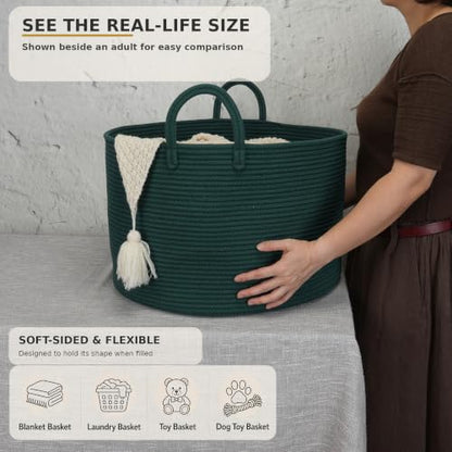 XUANGUO 66L Large Blanket Basket, Round Cotton Rope Basket, Dark Green - color: dark green