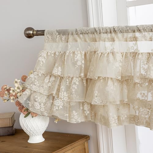 Kotile Beige Lace Ruffle Valance for Windows W52 x L18 Inch, 1 Panel - color: Beige - Ruffle Lace