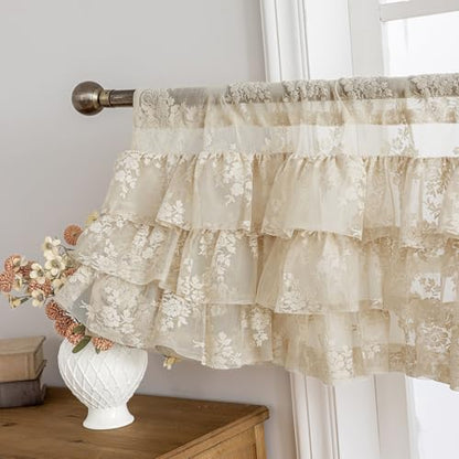 Kotile Beige Lace Ruffle Valance for Windows W52 x L18 Inch, 1 Panel - color: Beige - Ruffle Lace