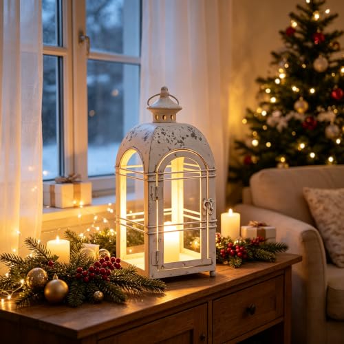 14" H Vintage Farmhouse Metal Candle Lantern, Rustic Distressed White Glass-Free Open Frame Hanging Candle Holder, Indoor & Covered Outdoor Decor for Garden Front Porch Patio Wedding - color: White - No Glass