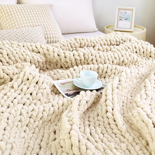 Chunky Knit Blanket Throw for Couch, 40"x50" Chunky Yarn Knitted Blankets - color: Ivory, size: 40"x50"