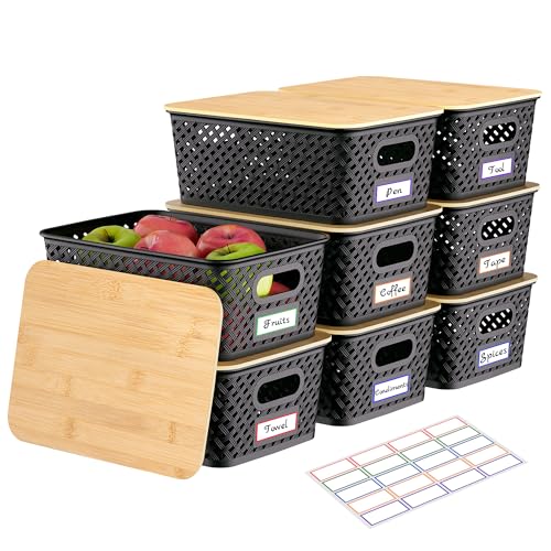 Anysig 8 Pack Plastic Storage Bins with Bamboo Lids, 5.2 QT Stackable Bins - color: Black