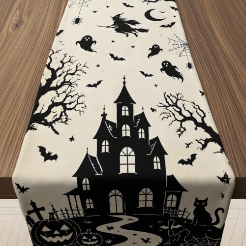 Halloween Decorations - Gothic Haunted House Witch Ghost Bat Table Runner - color: Halloween Haunted House