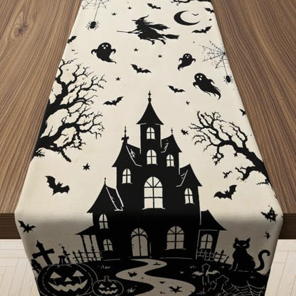 Halloween Decorations - Gothic Haunted House Witch Ghost Bat Table Runner - color: Halloween Haunted House