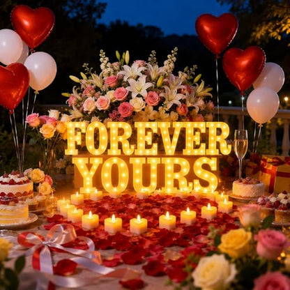Forever Yours Light up Letters, Include Tea Lights Candles, Latex Balloons, Aluminum Balloons and Rose Petals, Special Festival, Surprise Gifts for Women and Men - color: FOREVER YOURS