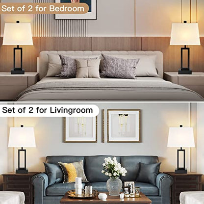 23.5" Touch Control Table Lamps Set of 2, Bedside Lamp with 2 USB Ports & AC Outlet, 3-Way Dimmable Nightstand Lamp with White Linen Shade for Living Room Bedroom End Table Office(2 LED Bulb Included) - color: White - 23.5"H