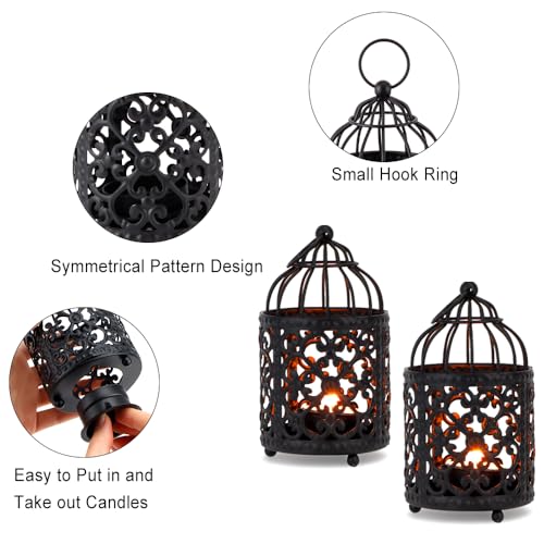 JHY DESIGN 6 Pcs 5.5 inch Height Small Metal Candle Stick Holder Hanging Birdcage Tealight Lantern Hollow Candle Holders for Table Valentine Patio Indoor Outdoor Gifts(Black)