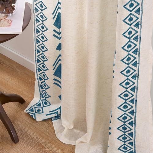 Blue Boho Sheer Linen Curtains 96 Inch for Living Room 2 Panels - color: Geometric-blue, size: 52"W x 96"L (Pack of 2)