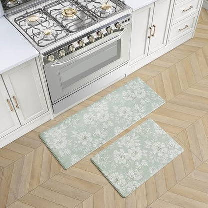 Laura Ashley - Anti-Fatigue Kitchen Mat, Iris Floral Design, Stain, Water & Fade Resistant, Cooking & Standing Relief, Non-Slip Backing, 2 Piece Set, Sage Green Iris - color: Sage Green, size: 48"L x 17.5"W / 28"L x 17.5"W